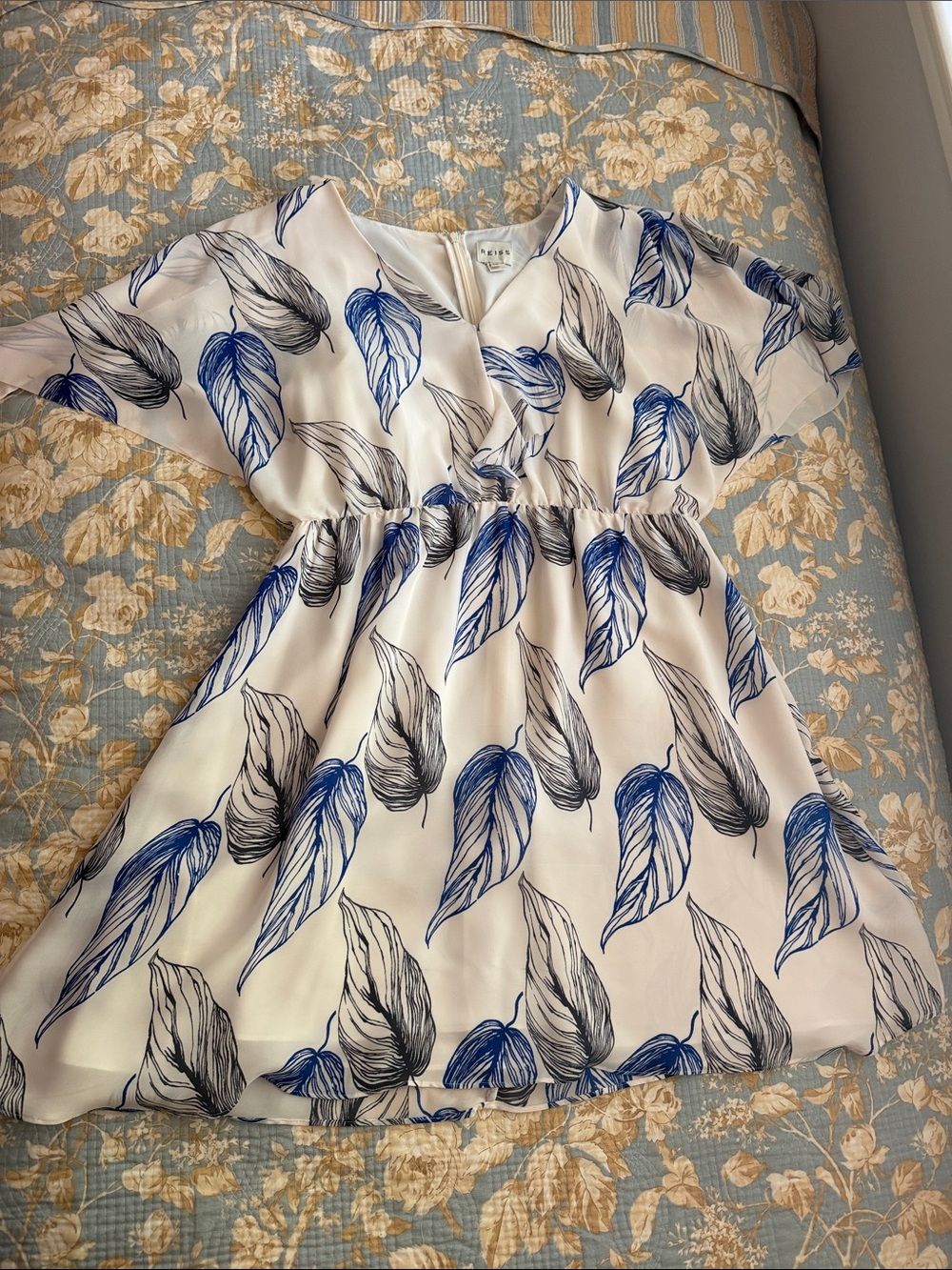 Reiss White Dress with Blue and Gray Leaf Print